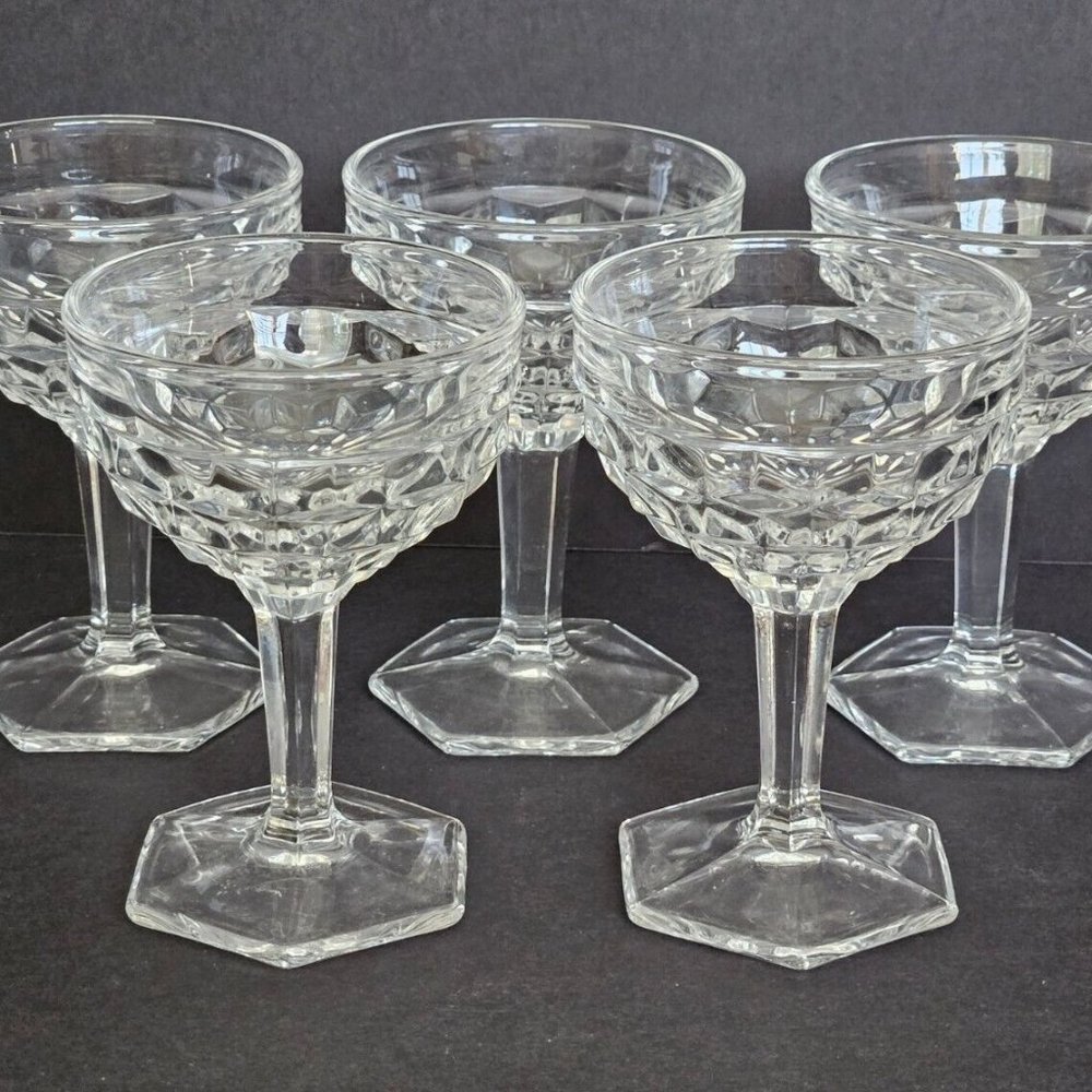 5 Fostoria American Clear Martini/Tall Sherbet Glasses Hex Base Cube Cubist